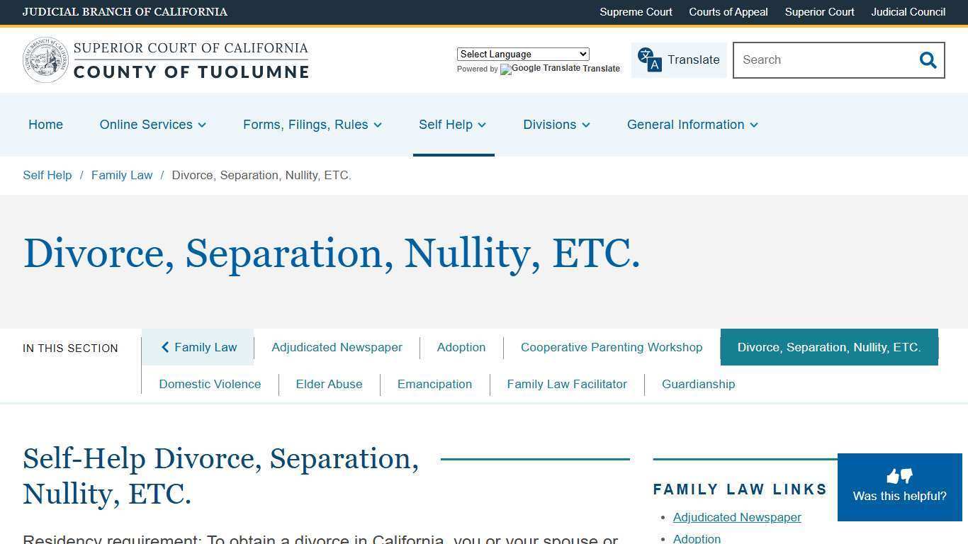 Divorce, Separation, Nullity, ETC. | Superior Court of California | County of Tuolumne