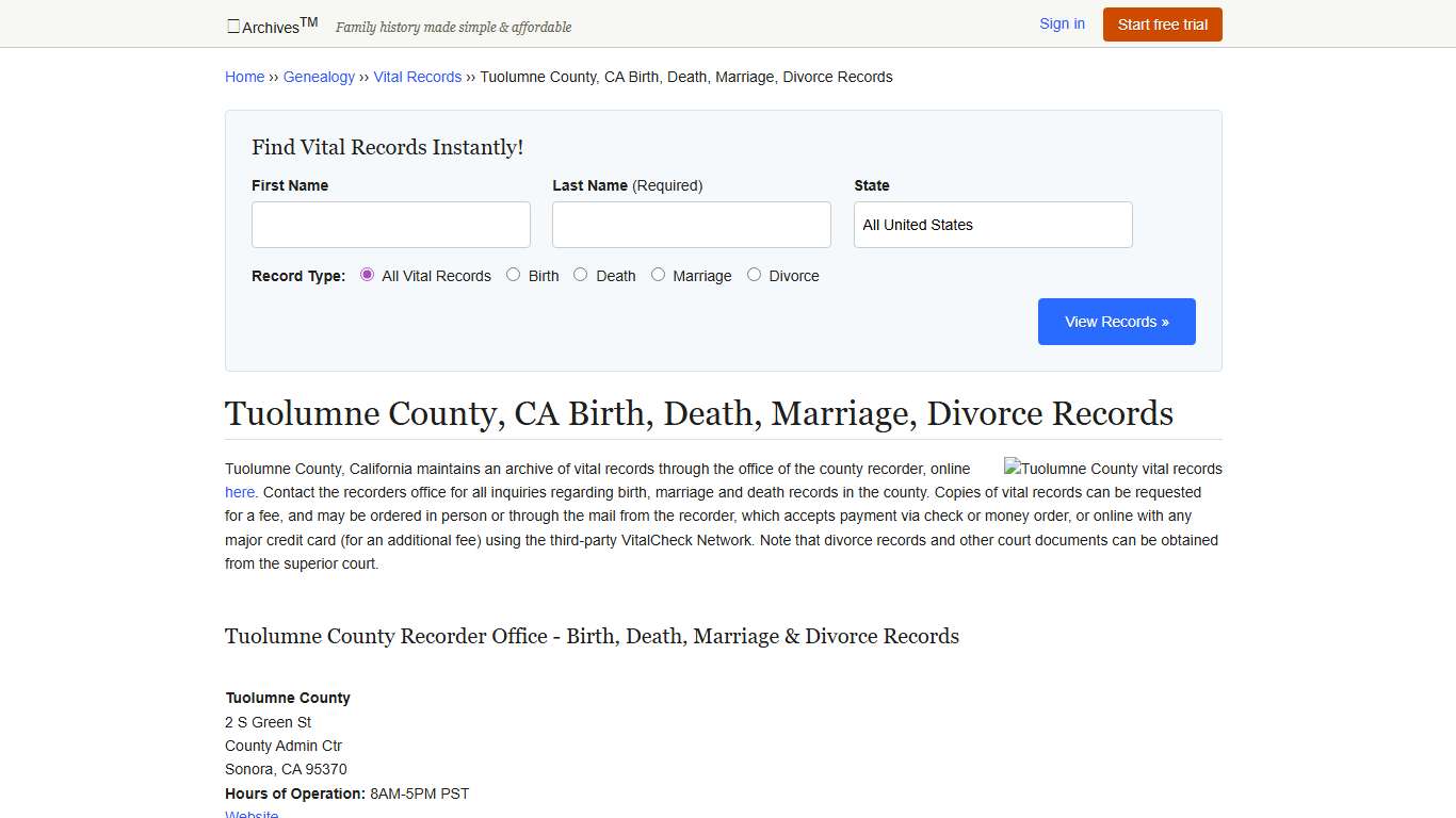 Tuolumne County, CA Birth, Death, Marriage, Divorce Records